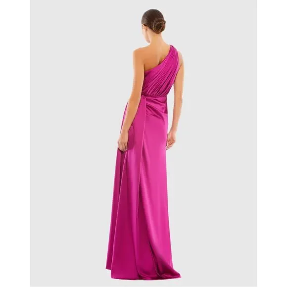 NWT Ieena for Mac Duggal One Shoulder Slit Satin Faux Wrap Maxi Gown Berry Sz 6 - Picture 4 of 13